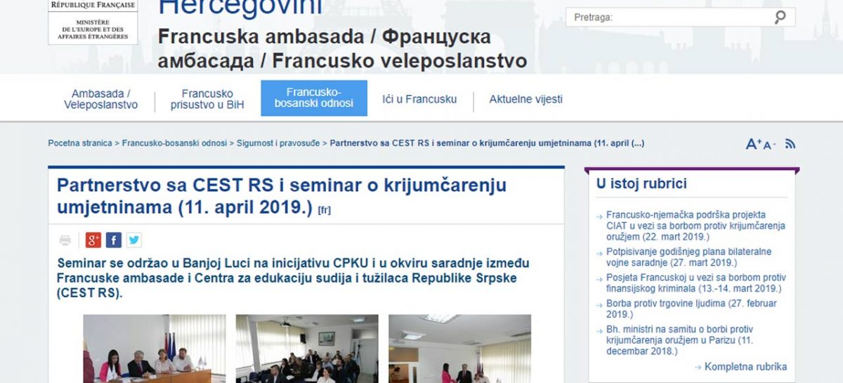 Francuska ambasada u Bosni i Hercegovini: Partnerstvo sa CEST RS i seminar o krijumčarenju umjetninama