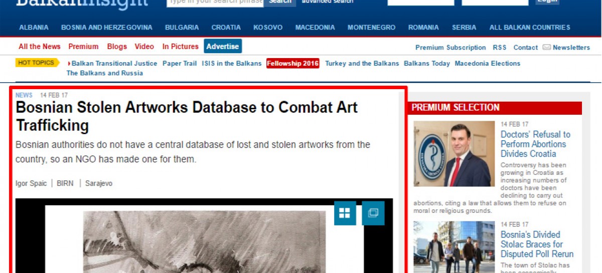 From media: Bosnian Stolen Artworks Database to Combat Art Trafficking