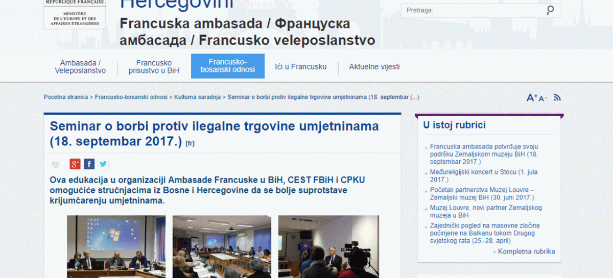 Francuska Ambasada u BiH: Seminar o borbi protiv ilegalne trgovine umjetninama