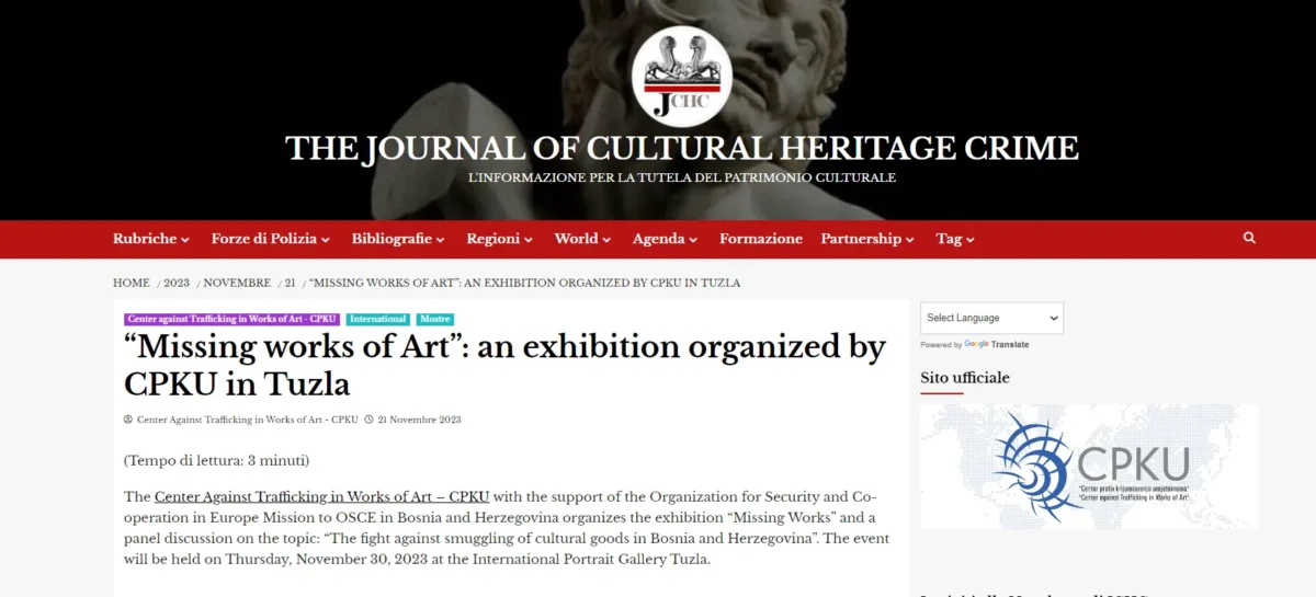 The Journal of Cultural Heritage Crime – “Missing works of Art”: an exhibition organized by CPKU in Tuzla