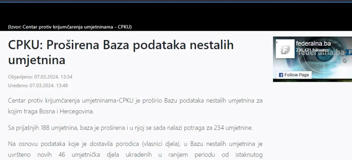 Federalna.ba: Proširena Baza podataka nestalih umjetnina